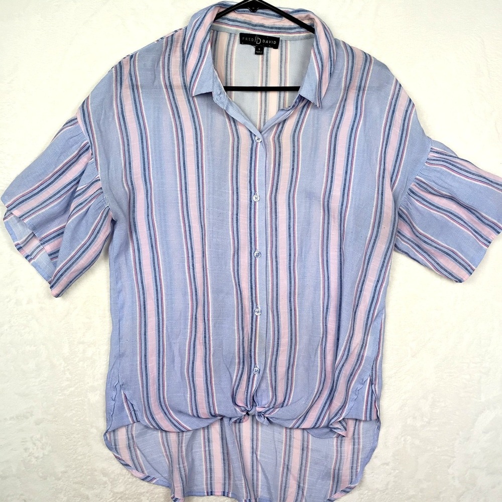 Fred David Womens Blue Pink Striped Short Sleeve Tie Front Button Down Shirt S